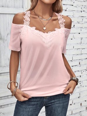 Dusty pink off-the-shoulder top with lace yoke and short sleeves.