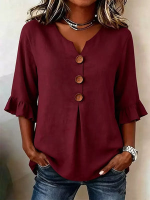 Casual Ruffle-sleeve Decor-button Top Plus Size in Burgundy, back view
