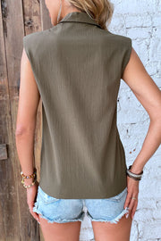 Olive brown textured sleeveless button-down shirt with shoulder pads