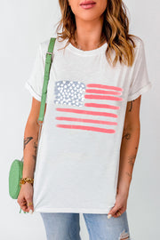 White crewneck t-shirt with painted American flag graphic and rolled sleeves.