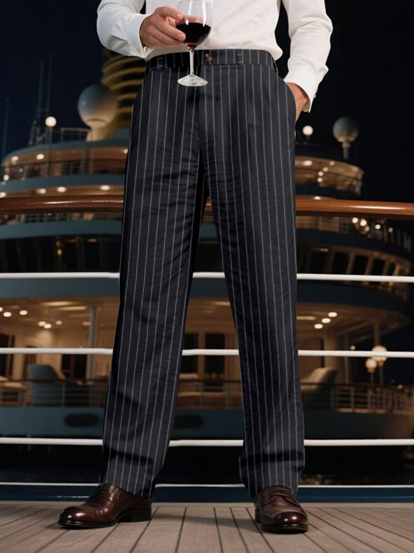Men's black pinstripe wide-leg sweatpants with a relaxed fit.