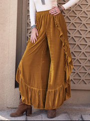 Velvet ruffle slit palazzo pants in caramel with ruffled hem and side detail.