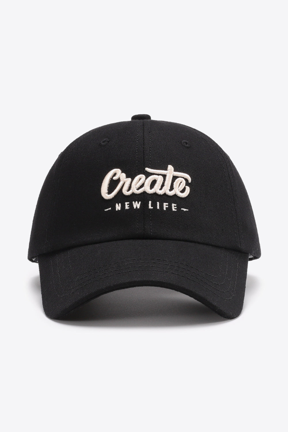 Black baseball cap with embroidered "Create New Life" text