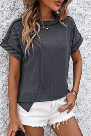 Dark Gray vertical ribbed tee with split hem and short sleeves.