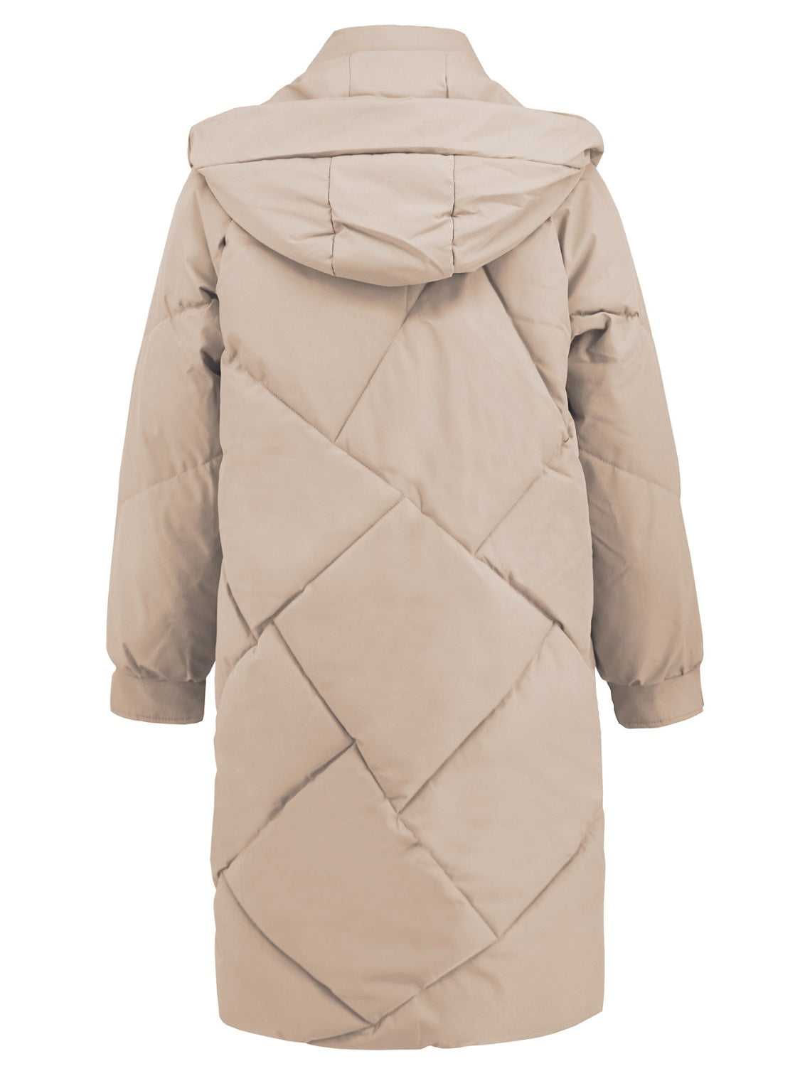 Khaki hooded puffer coat with diamond quilting and long sleeves.