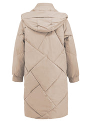 Khaki hooded puffer coat with diamond quilting and long sleeves.