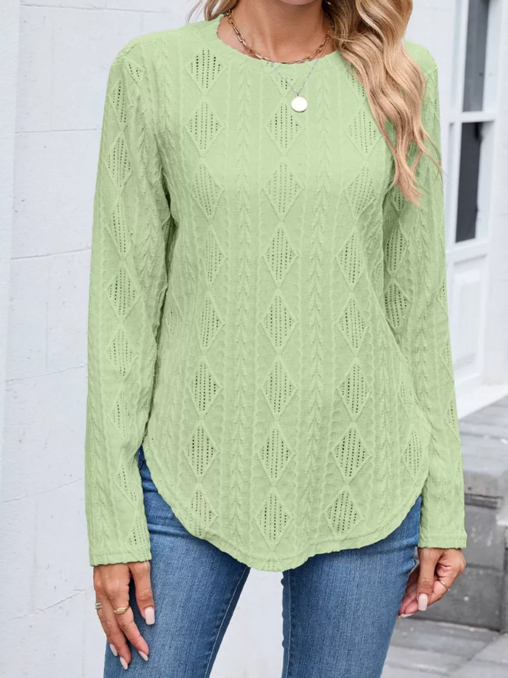 Textured Diamond Knit Long Sleeve T-shirt in Pink, fabric detail