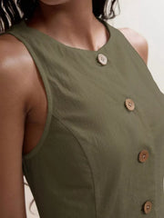 Army green cotton sleeveless top with decorative buttons