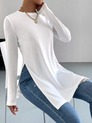Long Sleeve Side Slit T-shirt in White, fabric detail