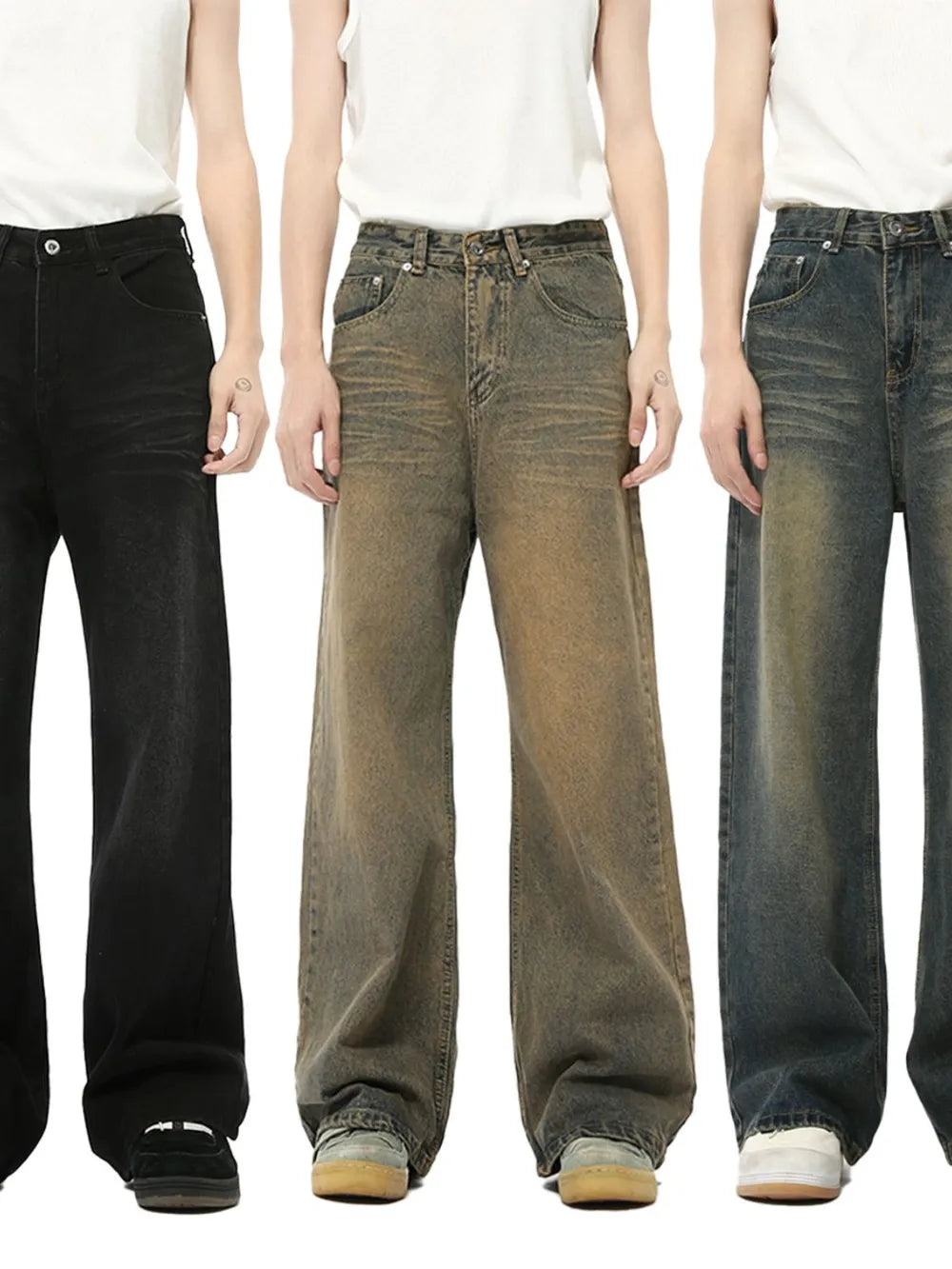 Whiskered denim straight leg jeans in black, taupe, and French blue.