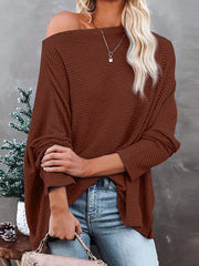 One-shoulder Waffle Knit Top in Brown, model styling view