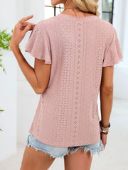 Skin powder eyelet flutter sleeve t-shirt with a relaxed fit.