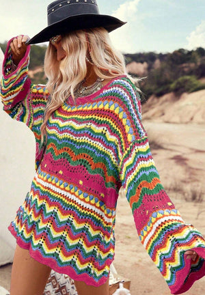 Multicolor crochet wave knit sweater with bell sleeves and a round neckline, featuring a boho stripe pattern.