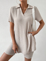 Textured ribbed polo shirt and shorts co-ord set in tan, with a v-neck and short sleeves.