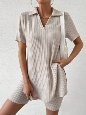 Textured ribbed polo shirt and shorts co-ord set in tan, with a v-neck and short sleeves.