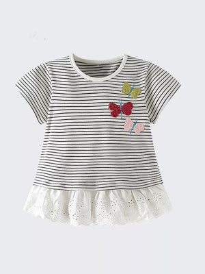 Kids striped cotton t-shirt with embroidered butterflies and eyelet lace trim