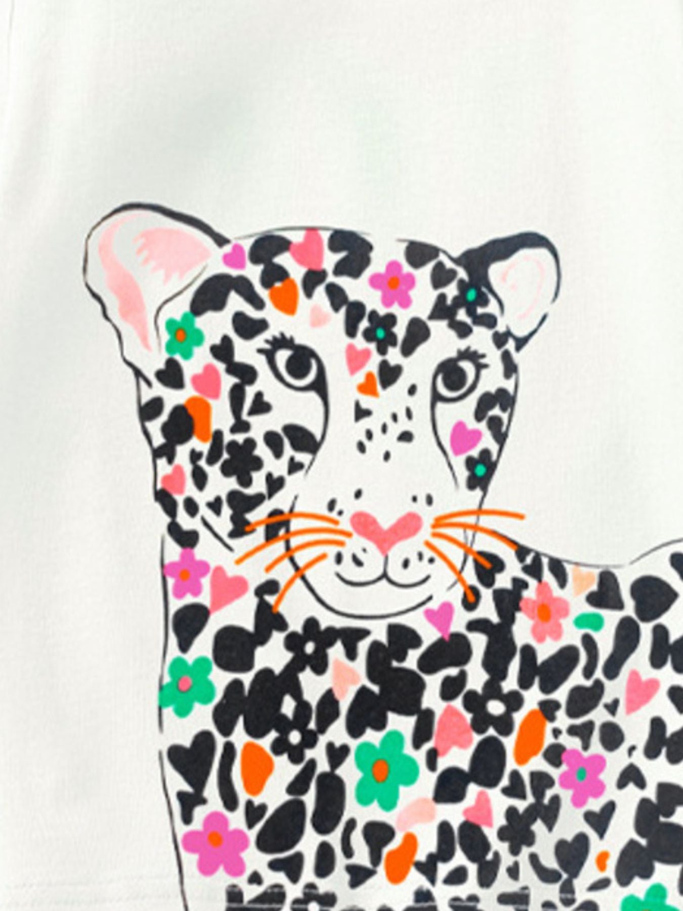 Toddler t-shirt with a white cotton base and a colorful leopard graphic featuring black spots, pink hearts, and floral