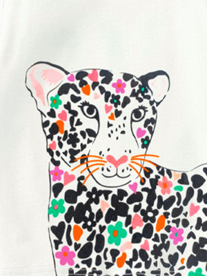 Toddler t-shirt with a white cotton base and a colorful leopard graphic featuring black spots, pink hearts, and floral