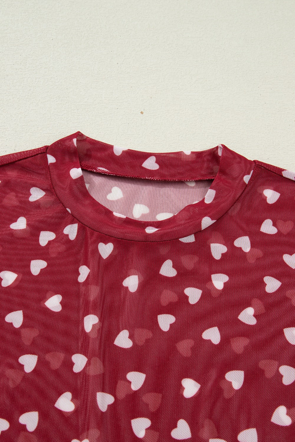 Deep Red sheer heart print t-shirt with mock neck