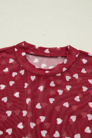 Deep Red sheer heart print t-shirt with mock neck