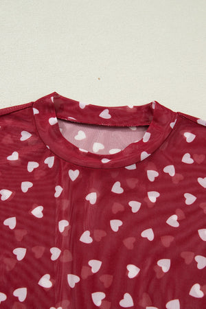 Deep Red sheer heart print t-shirt with mock neck