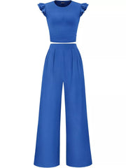 Ruffled cap sleeve crew neck maternity top and wide leg pants set in sky blue.