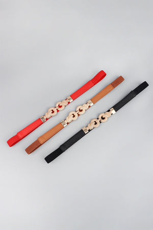 Linked knot elasticated waist belts in red, caramel, and black with alloy detail