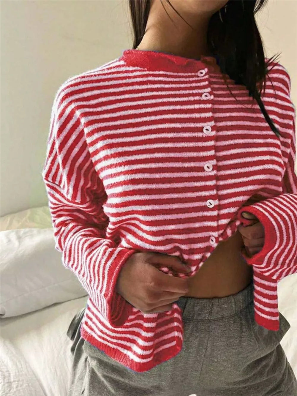 Striped Knit Button Up Cardigan in Khaki, side view