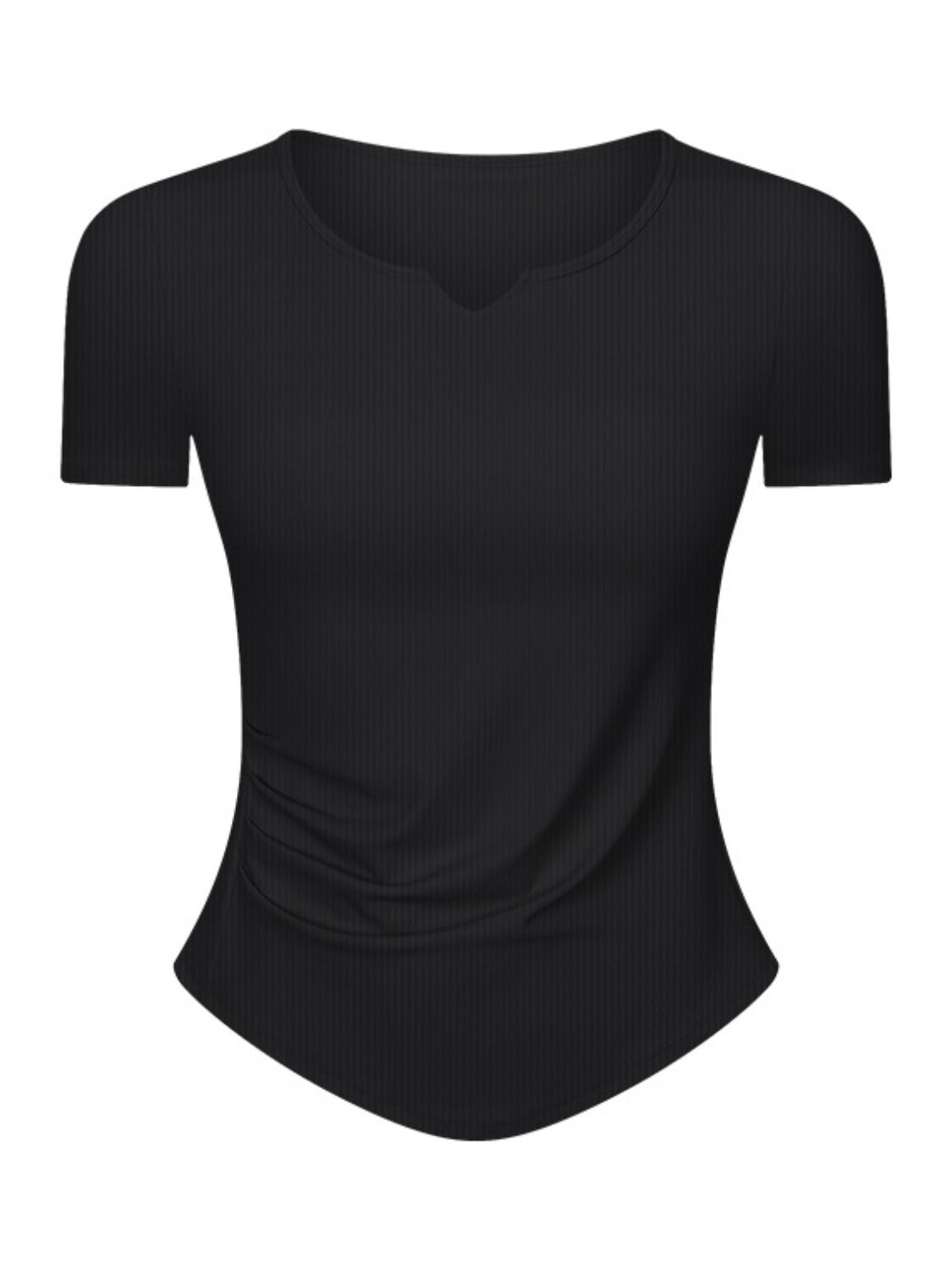 Black ribbed active top with notch neck and ruched side detail