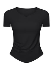 Black ribbed active top with notch neck and ruched side detail