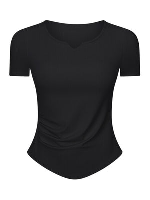 Black ribbed active top with notch neck and ruched side detail