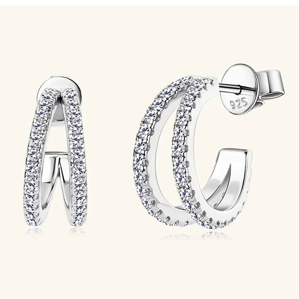 Silver double-band hoop earrings with moissanite stones and 925 stamp