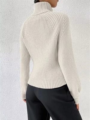 Ribbed knit turtleneck sweater in mocha with long sleeves and a fitted silhouette.