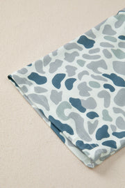 Camo print V-neck t-shirt with elbow sleeves and a pocket detail.