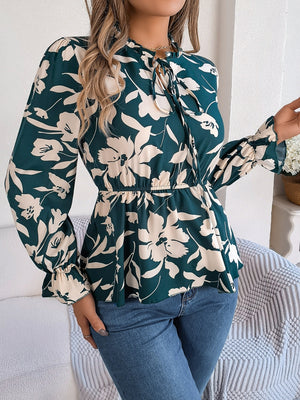 Deep Teal floral peplum blouse with ruffled neck and tie detail