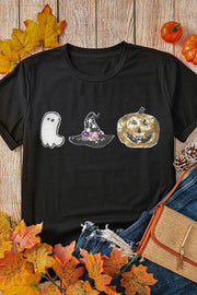 Black t-shirt with sequin Halloween ghost, witch hat, and pumpkin graphic.