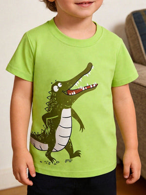 Toddler lime green crew neck t-shirt with a fun crocodile graphic print.
