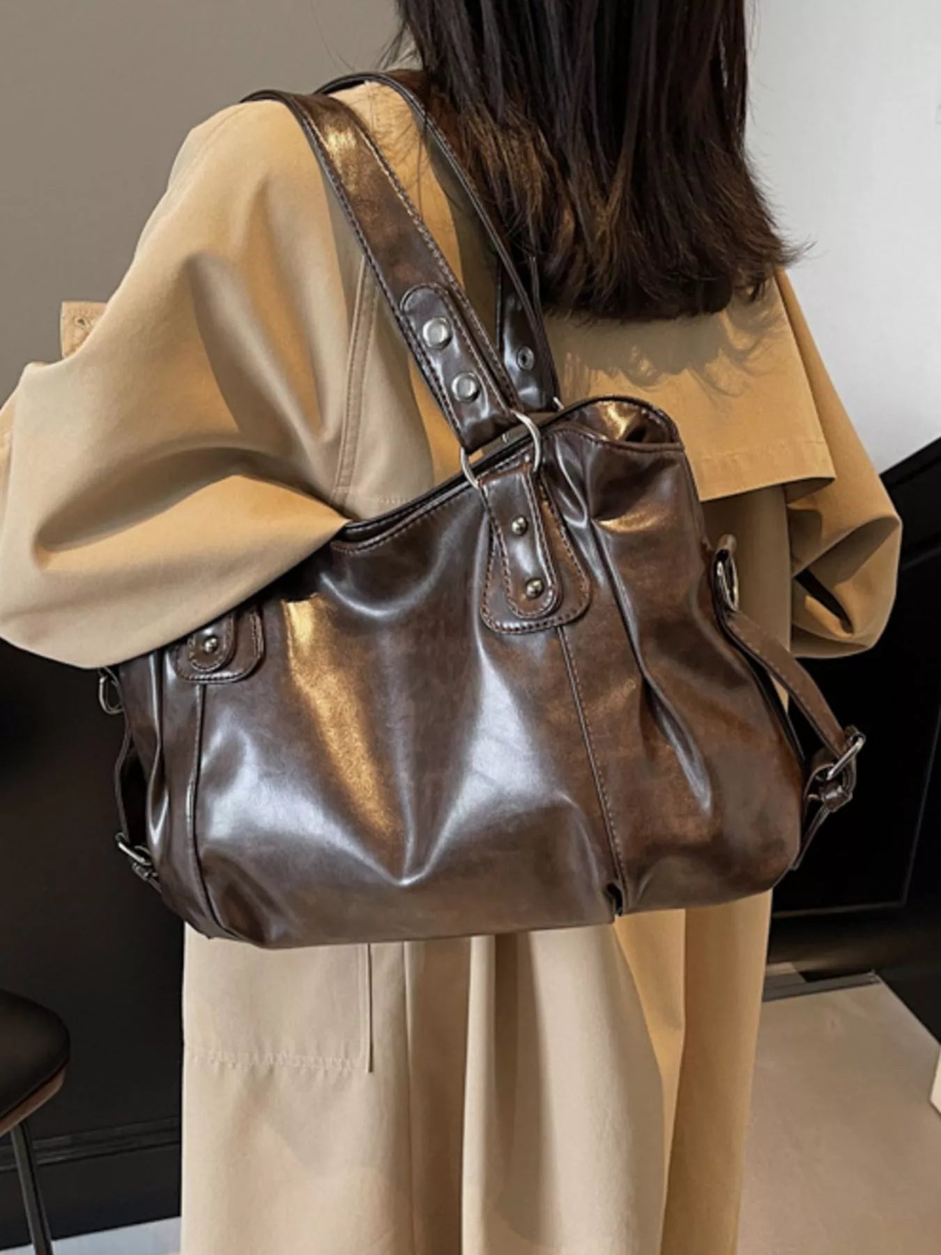 Large brown vintage PU leather shoulder bag with silver hardware details.
