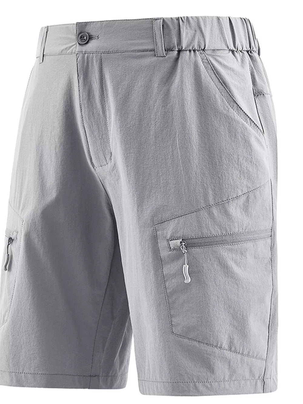 Lightweight gray cargo shorts for men with zippered pockets and elastic waistband.