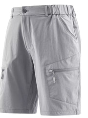 Lightweight gray cargo shorts for men with zippered pockets and elastic waistband.