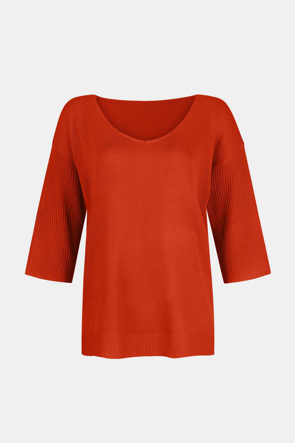Orange V-neck knit sweater with flared 3/4 sleeves and ribbed cuffs.
