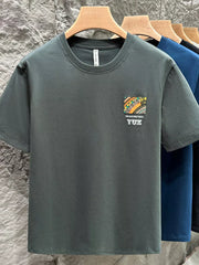 Men's grey cotton crew t-shirt with abstract graphic detail on chest