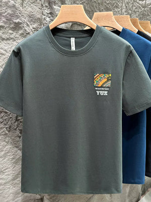 Men's grey cotton crew t-shirt with abstract graphic detail on chest