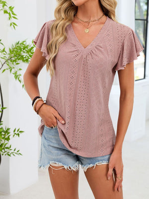 Flutter sleeve ruched t-shirt in skin powder with eyelet detail and V-neck