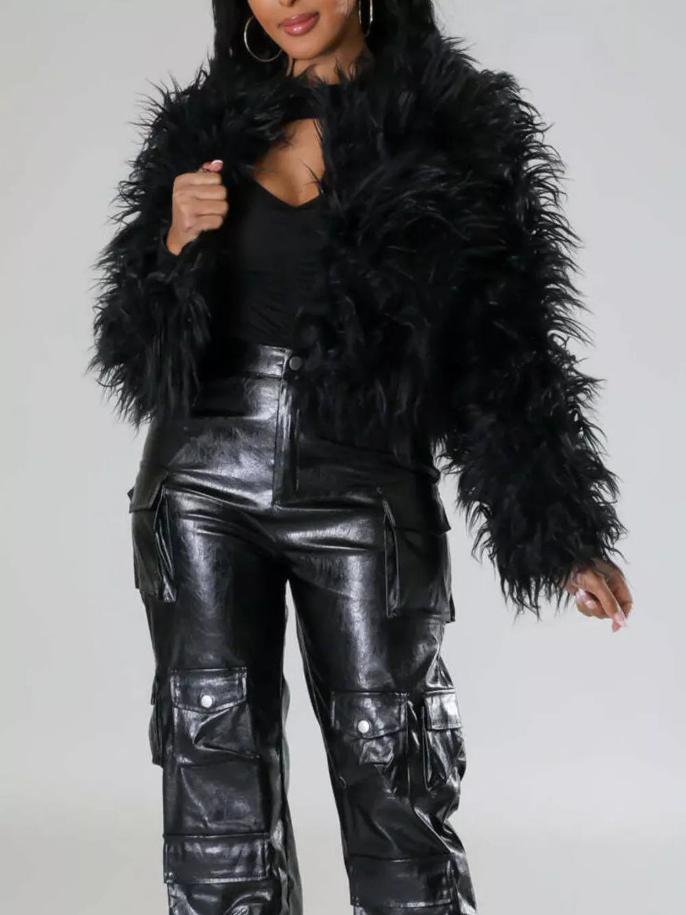Faux Fur Open Front Cropped Outerwear in Red, view 18