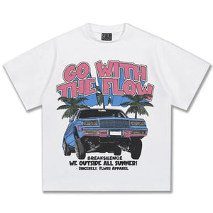 White cotton graphic tee with vintage car and palm tree print.