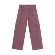 Oversized cargo denim trousers in Moonlit Mauve with large side pockets.