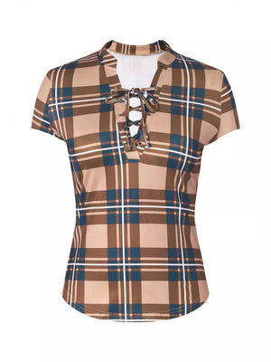 Brown plaid short sleeve shirt with lace-up neckline and curved hem