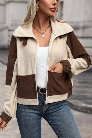 Colorblock corduroy fleece jacket in chocolate with zip front and pocket details.