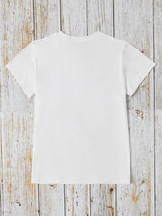 White crew neck t-shirt with short sleeves, plain back.